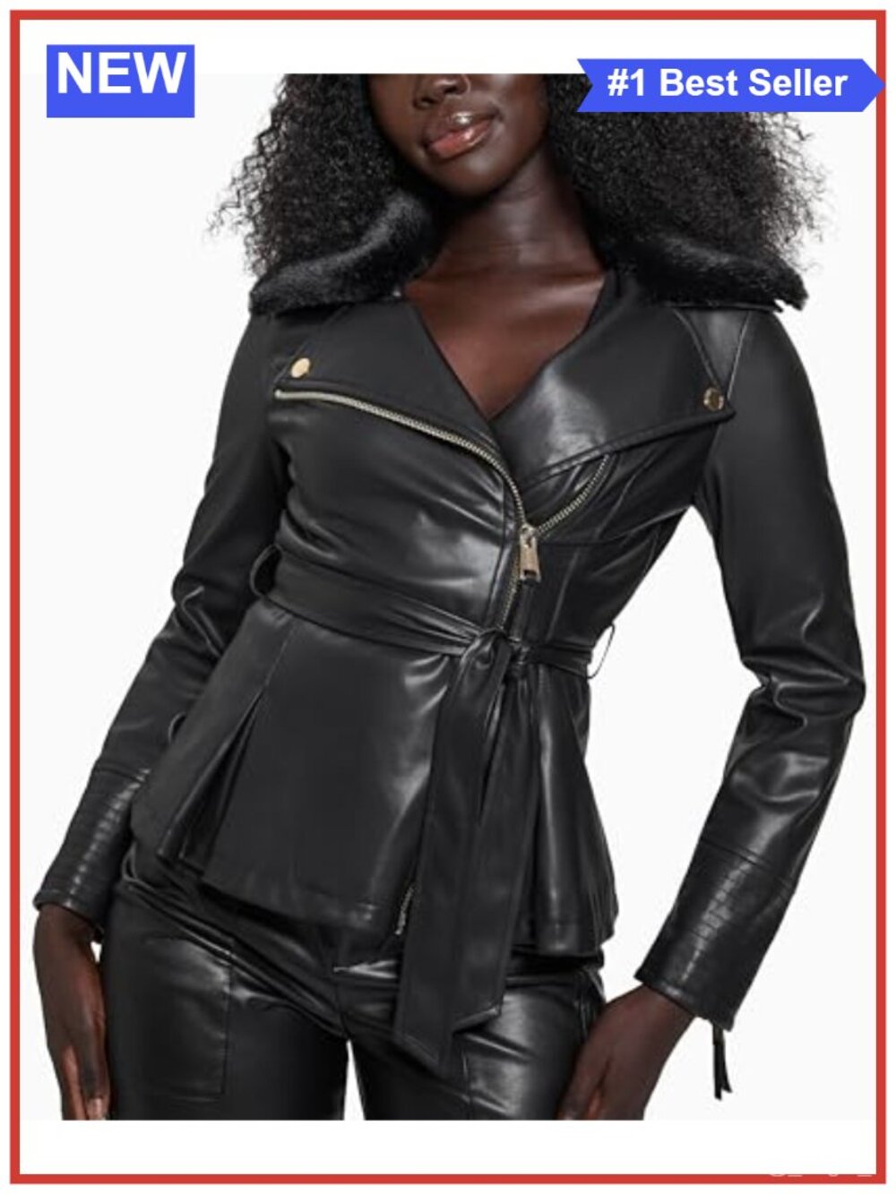 Faux Leather Tulip Peplum Zip Jacket with Faux Fur Collar and Belt